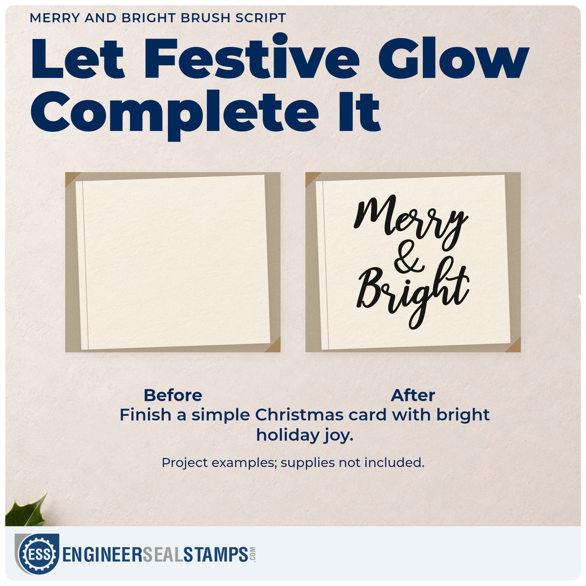 Before and after of a plain item finished with the Merry And Bright Brush Script Lettering Pre-Inked Stamp – PSI, a quick upgrade for framed chalk panel.
