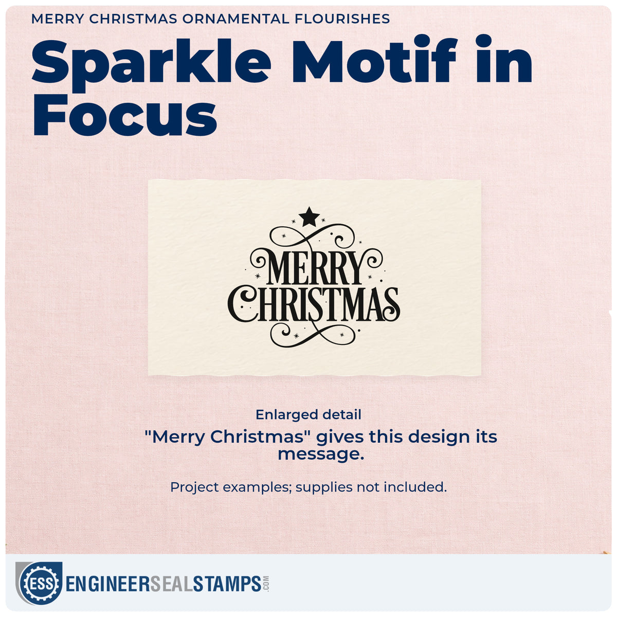 Enlarged detail of the Merry Christmas Ornamental Flourishes Stamp – Self-Inking imprint. “Merry Christmas” appears in tall serif capitals with looping flourishes and a star.