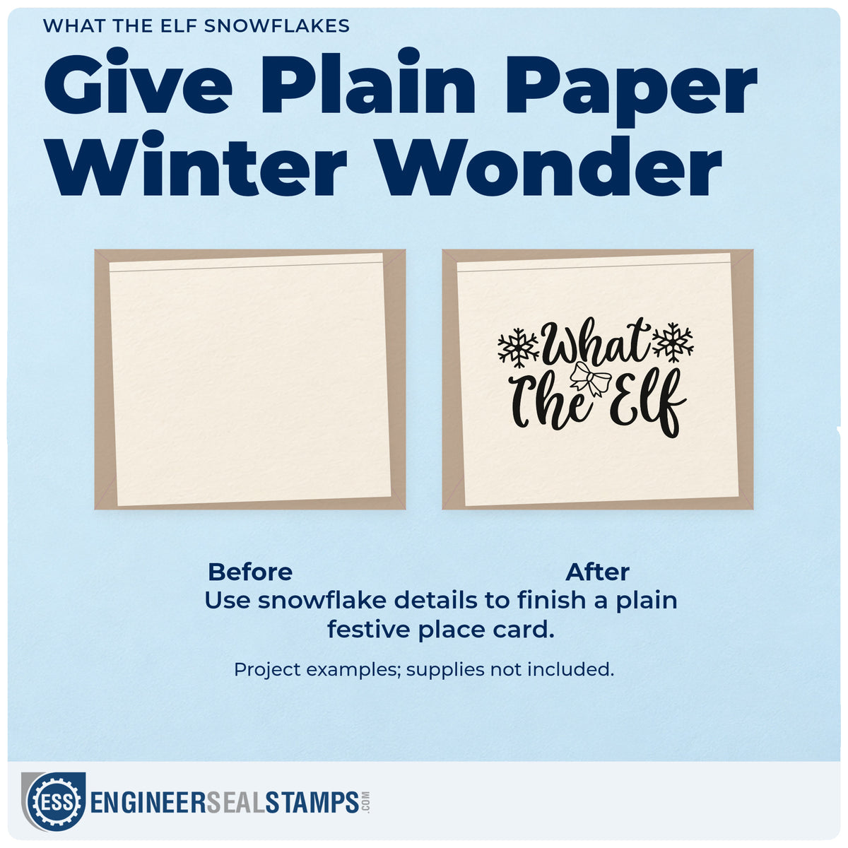 Before and after of a plain item finished with the What The Elf Snowflakes Bow Accent Stamp – Premium Vintage Pro Wooden, a quick upgrade for framed junk drawer.