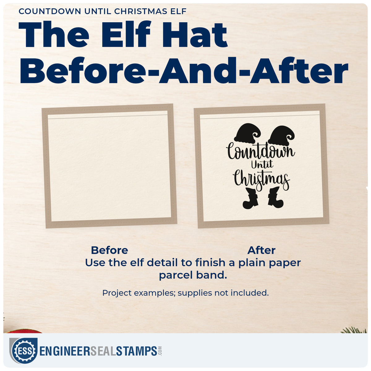 Before and after of a plain item finished with the Countdown Until Christmas Elf Frame Accent Rubber Stamp – Duo Hand, a quick upgrade for framed kitchen chalk.