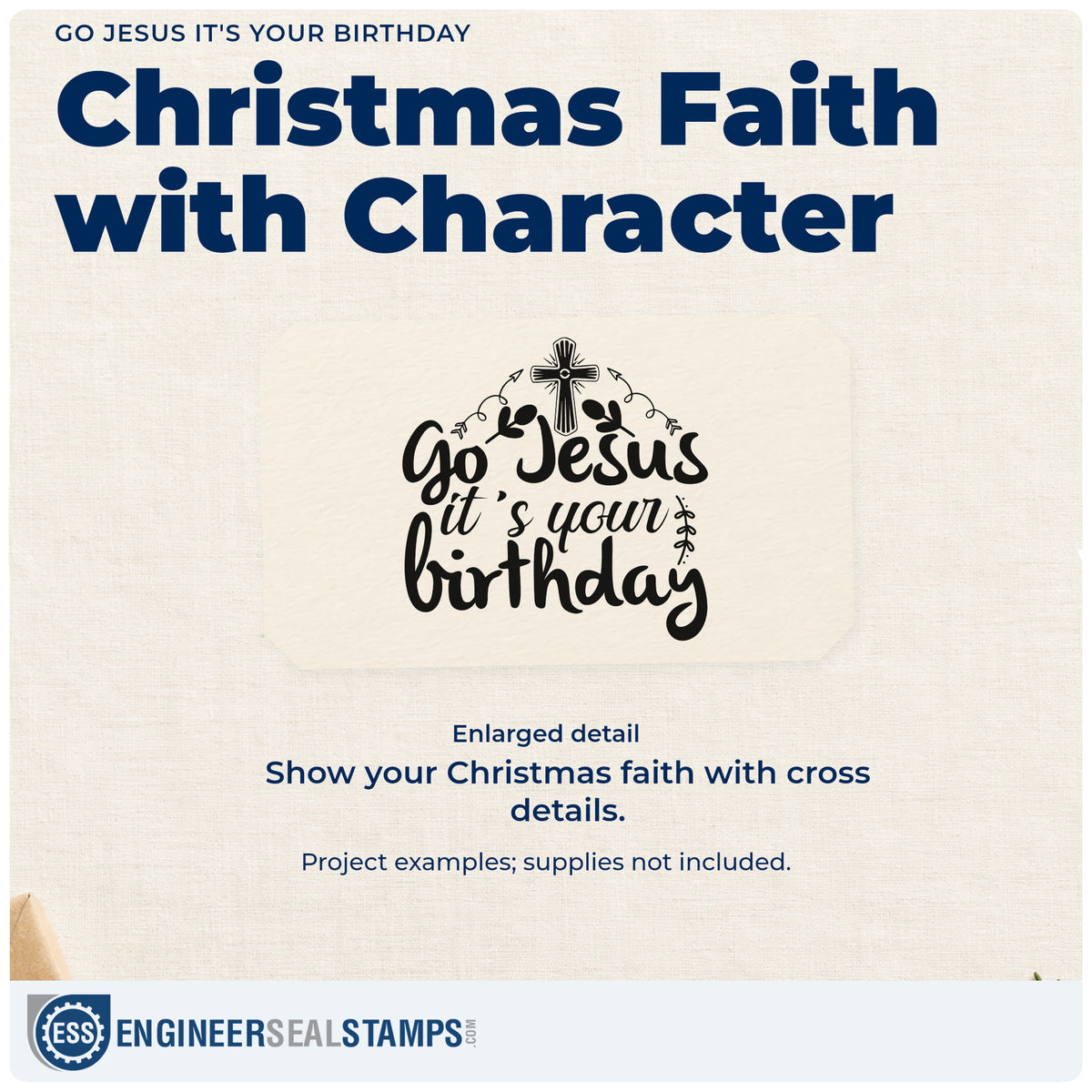 Enlarged detail of the Go Jesus It's Your Birthday Self-Inking Stamp imprint. “Go Jesus It's Your Birthday” features a cross, hearts, and decorative curls.