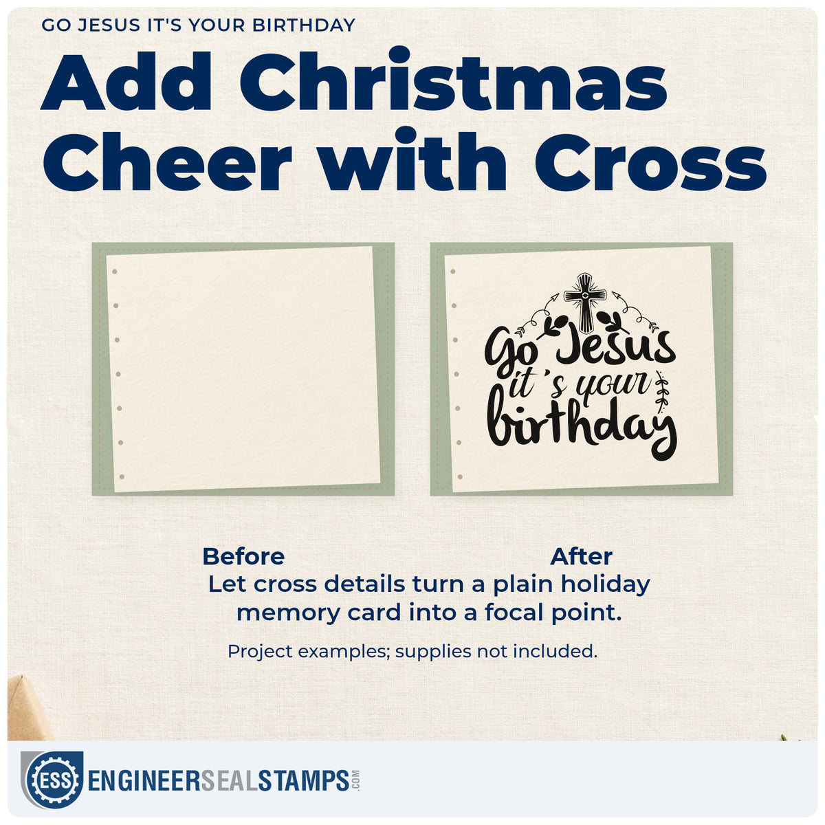 Before and after of a plain item finished with the Go Jesus It's Your Birthday Self-Inking Stamp, a quick upgrade for present tags.
