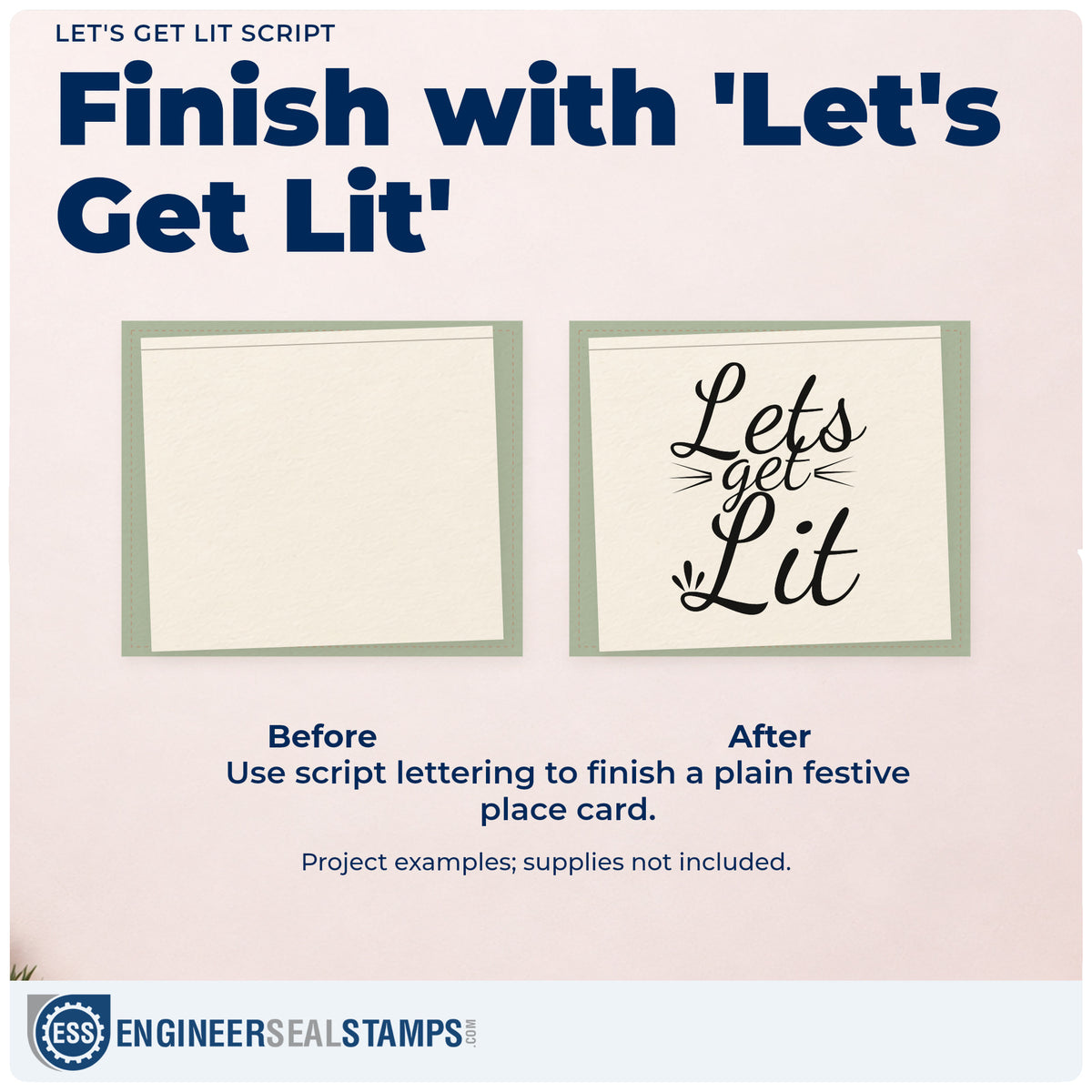 Before and after of a plain item finished with the Let's Get Lit Slim Pre-Inked Stamp, a quick upgrade for framed patio bar.