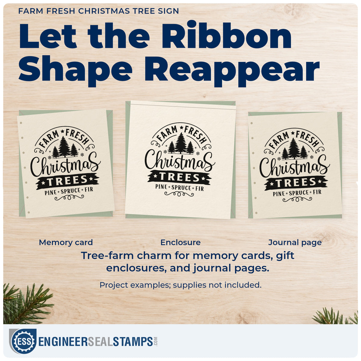 Three project examples made with the Farm Fresh Christmas Tree Sign Ribbon Lettering Self-Inking Stamp, including species list sheet.