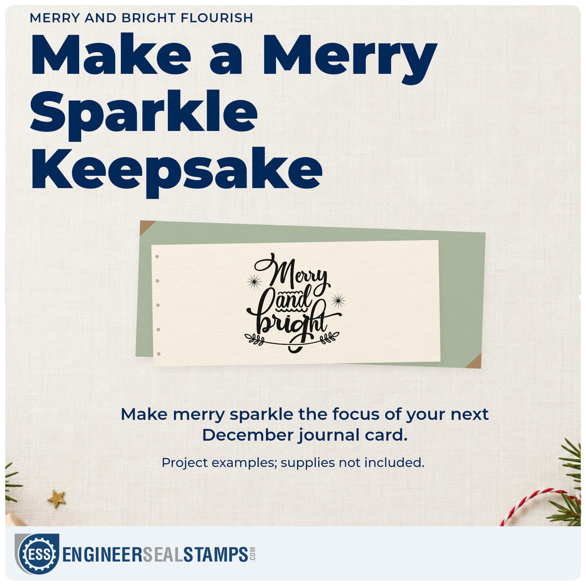 A finished handmade project stamped with the Merry And Bright Flourish Hand Stamp – Duo, ideal for gold ink album page.