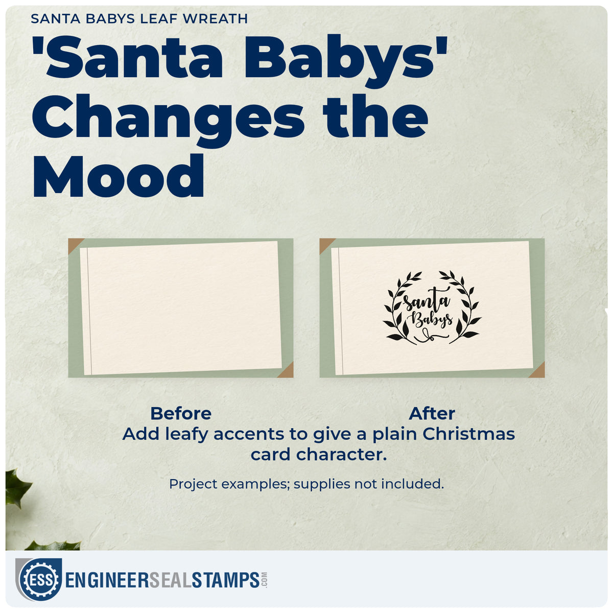 Before and after of a plain item finished with the Santa Babys Leaf Wreath Pre-Inked Stamp – PSI, a quick upgrade for framed dressing room.