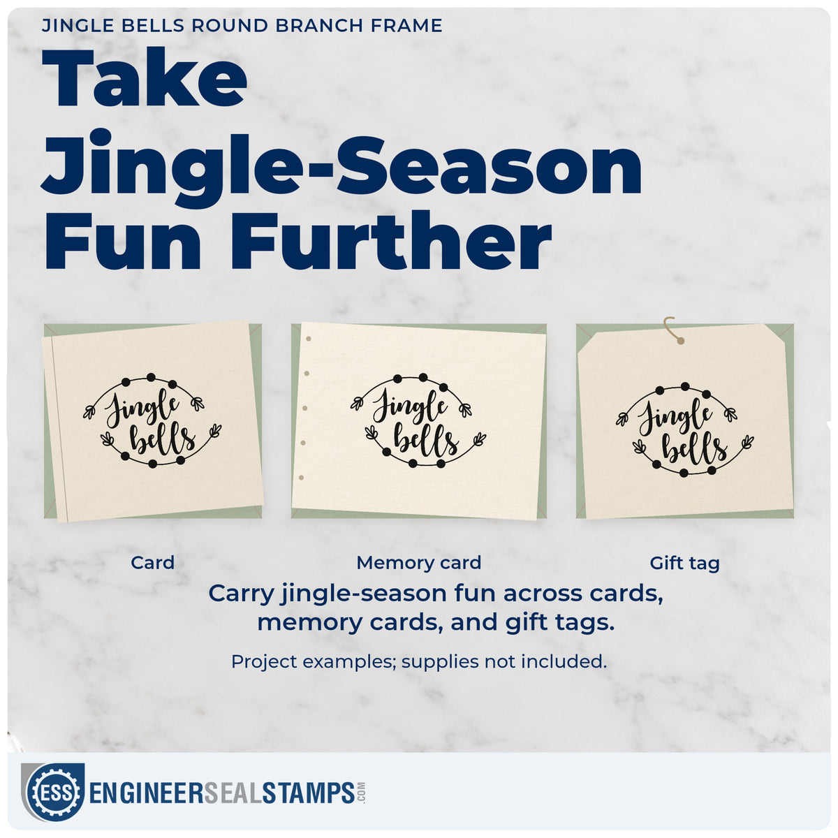 Three project examples made with the Pre-Inked Jingle Bells Round Branch Frame Stamp – PSI, including seal of approval page.