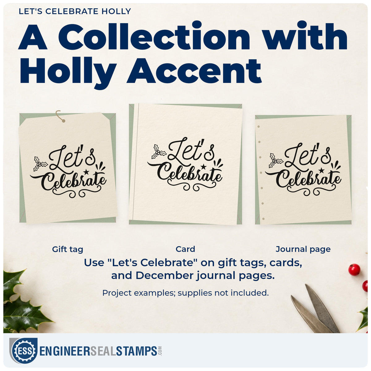 Three project examples made with the Let's Celebrate Holly With Stars Rubber Stamp – Duo Hand, including event plan sheet.