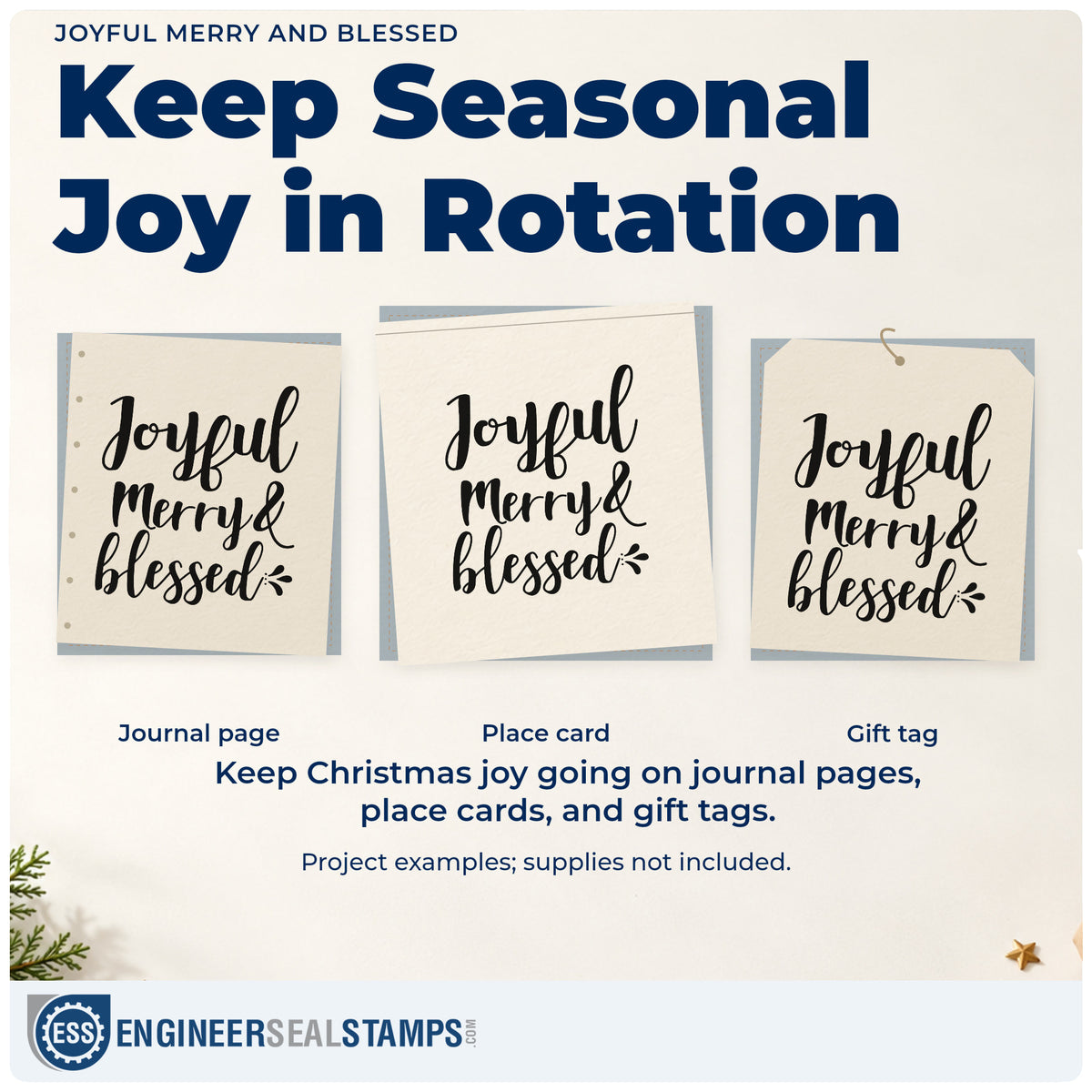 Three project examples made with the Joyful Merry And Blessed Hand Stamp – Duo, including prayer list sheet.