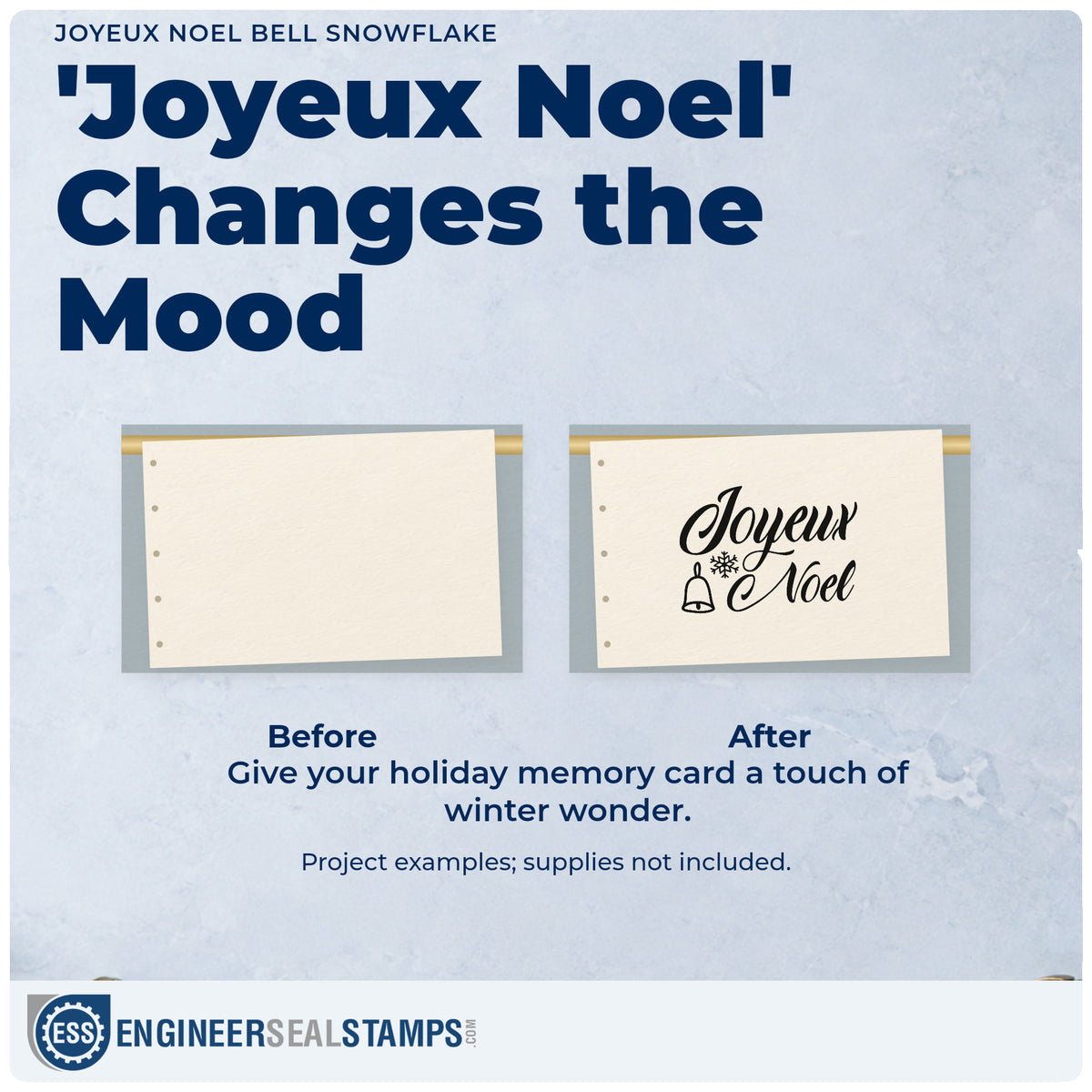 Before and after of a plain item finished with the Joyeux Noel Bell Snowflake Script Lettering Stamp – Duo Hand, a quick upgrade for framed bistro wall.