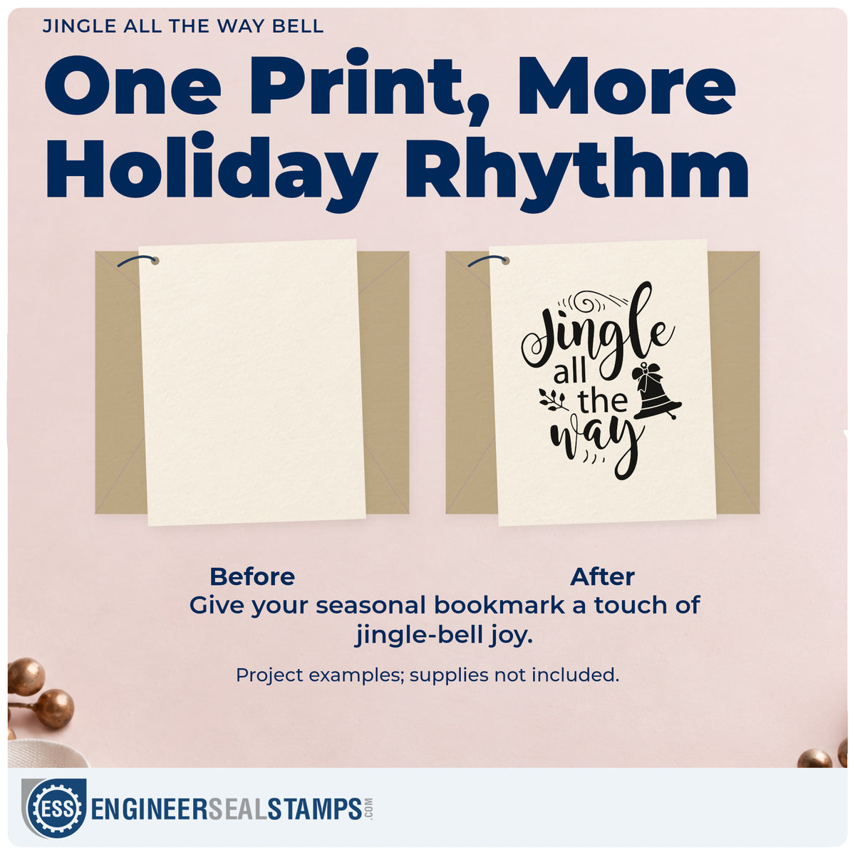 Before and after of a plain item finished with the Jingle All The Way Bell Stamp – Self-Inking, a quick upgrade for framed wrap station.