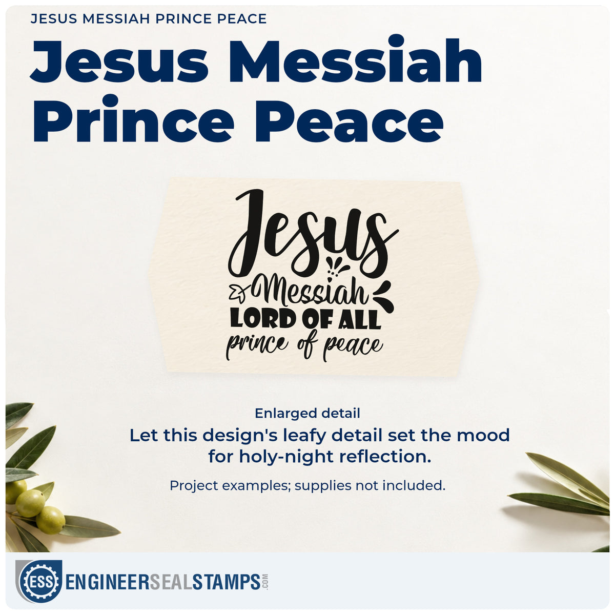 Enlarged detail of the Jesus Messiah Prince Peace Rubber Stamp – Duo Hand imprint. “Jesus Messiah Lord of All Prince of Peace” appears with small decorative leaves and strokes.