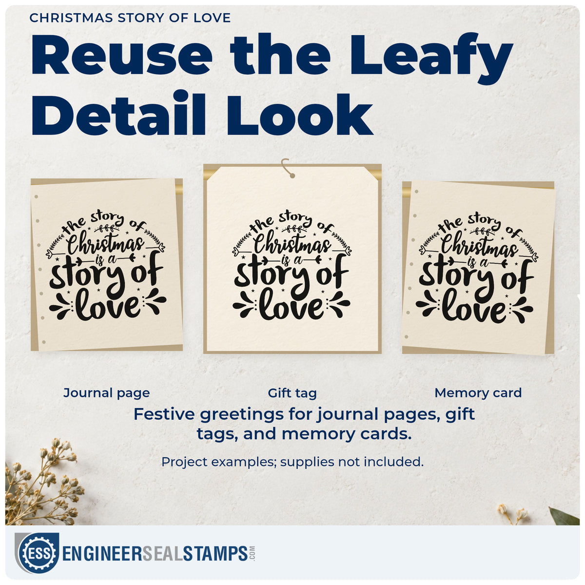 Three project examples made with the The Story Of Christmas Is A Story Of Love Rubber Stamp – Wood Handle, including sermon notes sheet.