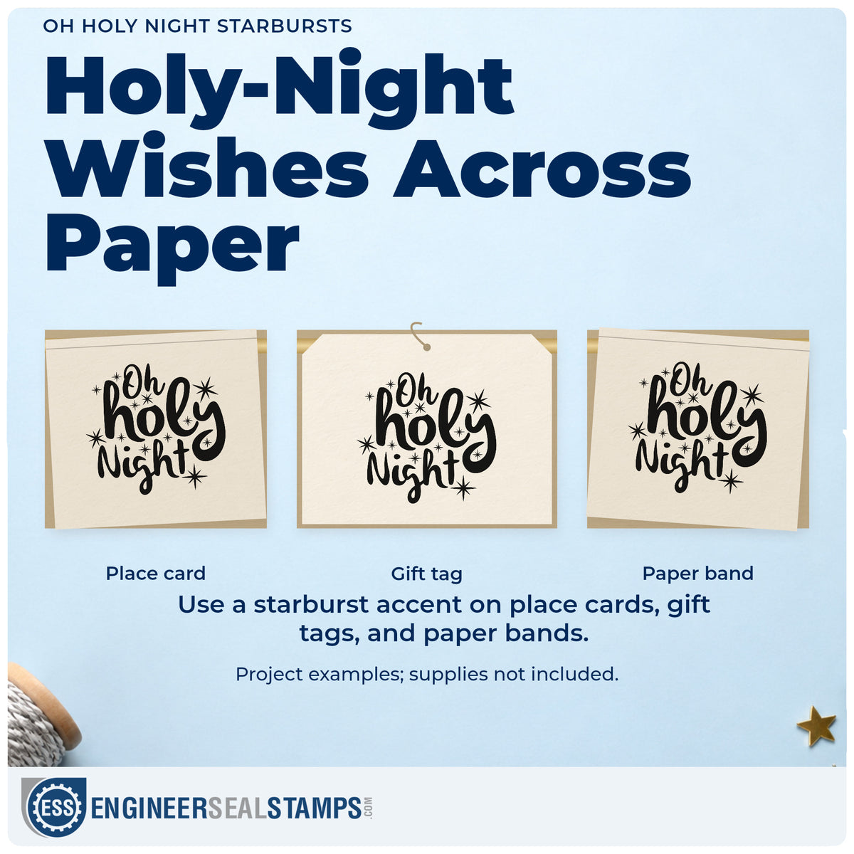 Three project examples made with the Oh Holy Night Starbursts With Sparkles PSI Pre-Inked Stamp, including small group sheet.