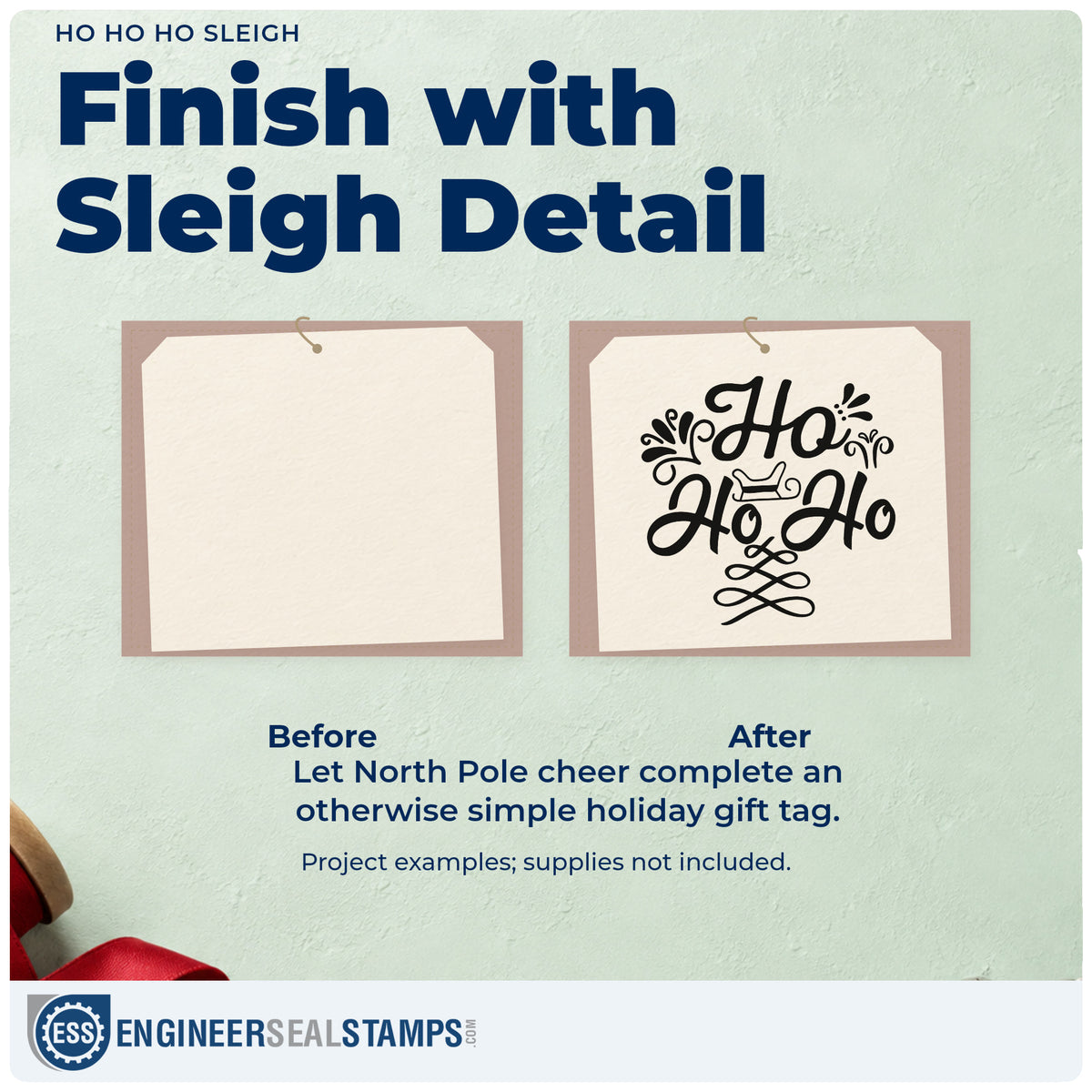 Before and after of a plain item finished with the Ho Ho Ho Sleigh Leaf Accents Self-Inking Craft Stamp, a quick upgrade for framed hearth panel.
