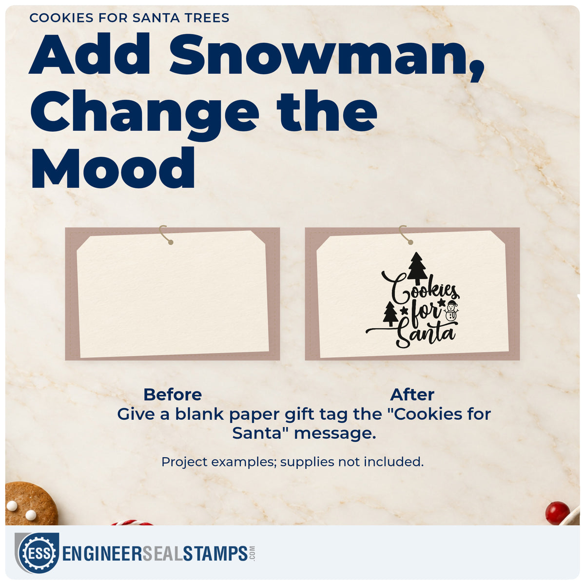 Before and after of a plain item finished with the Cookies For Santa Trees PSI Pre-Inked Stamp, a quick upgrade for smock pocket printing.