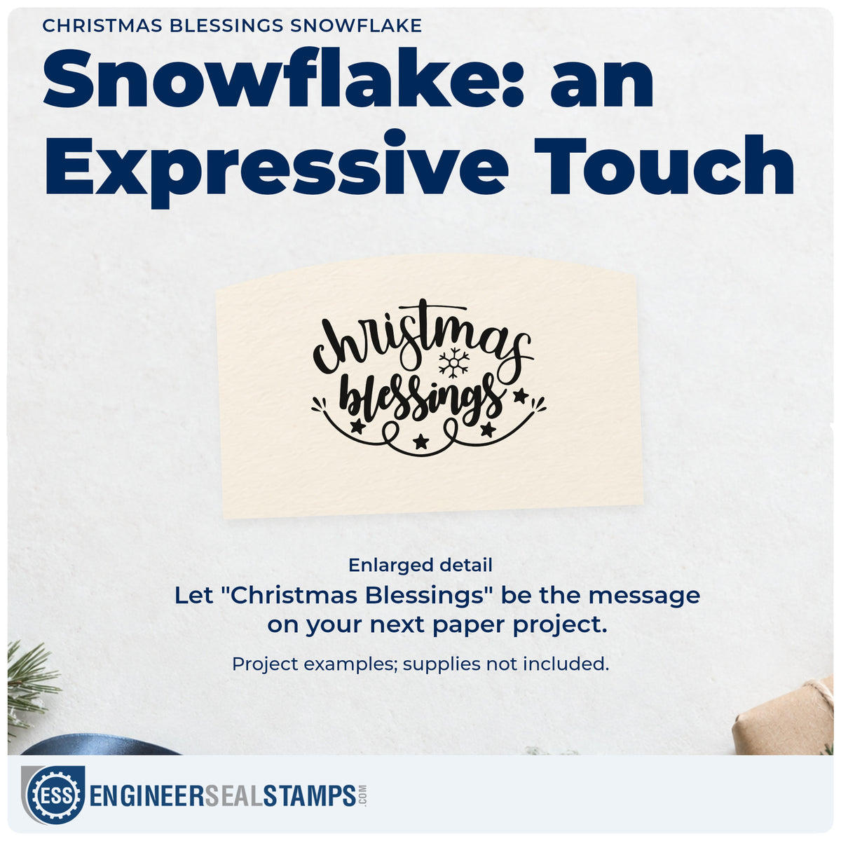 Enlarged detail of the Duo Hand Christmas Blessings Snowflake Leaf Accents Rubber Stamp imprint. “Christmas Blessings” features a snowflake, stars, and a curved leafy underline.