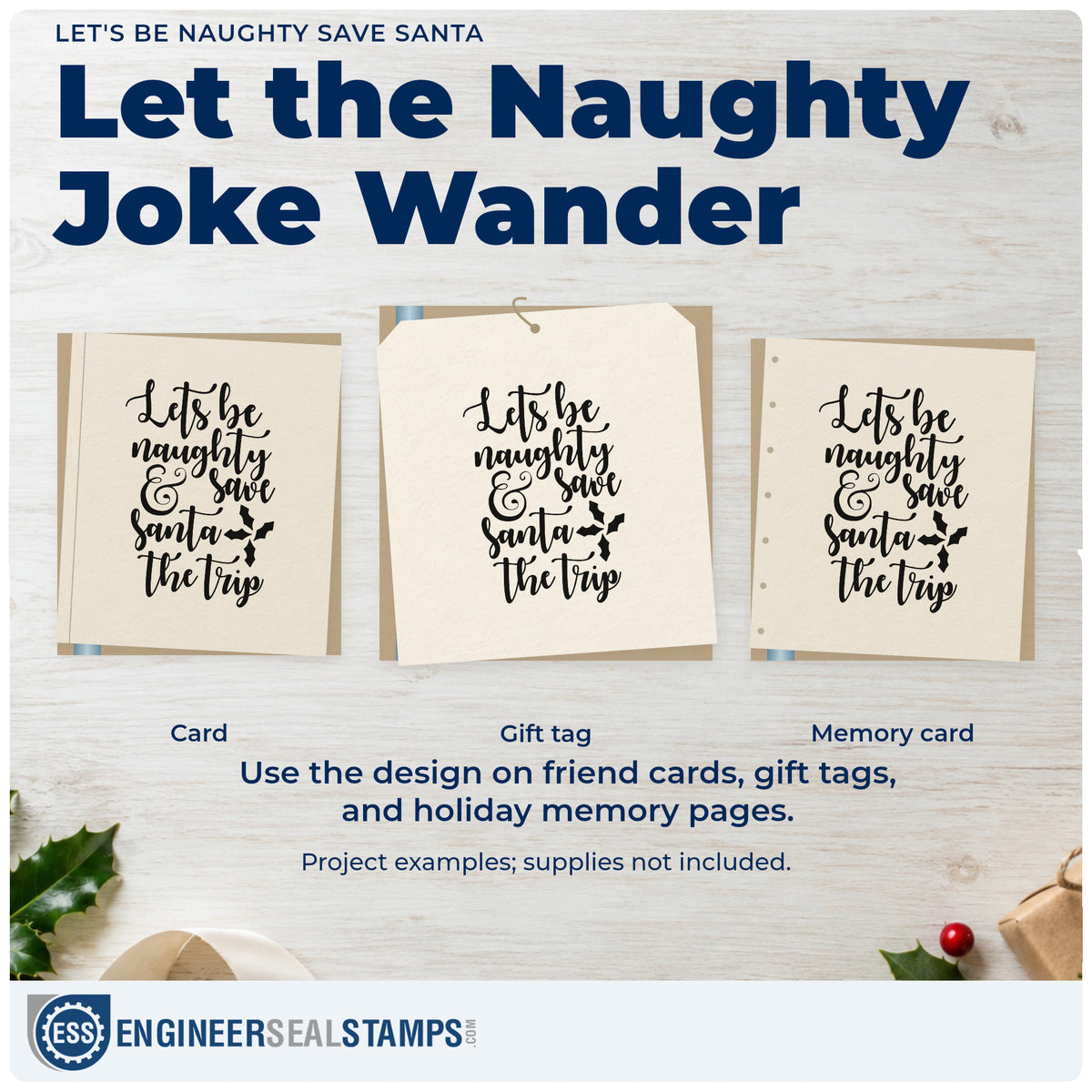 Three project examples made with the Let's Be Naughty & Save Santa The Trip Rubber Stamp – Duo Hand, including itinerary plan sheet.