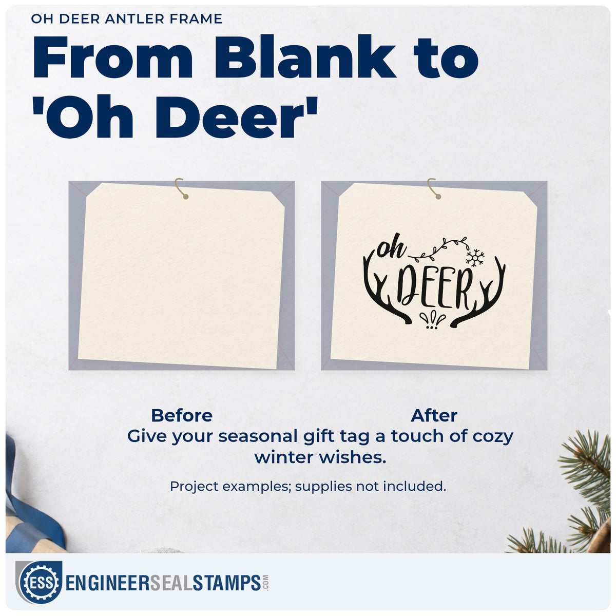 Before and after of a plain item finished with the Oh Deer Antler Framed Lettering Stamp – PSI Pre-Inked, a quick upgrade for framed oval mat.
