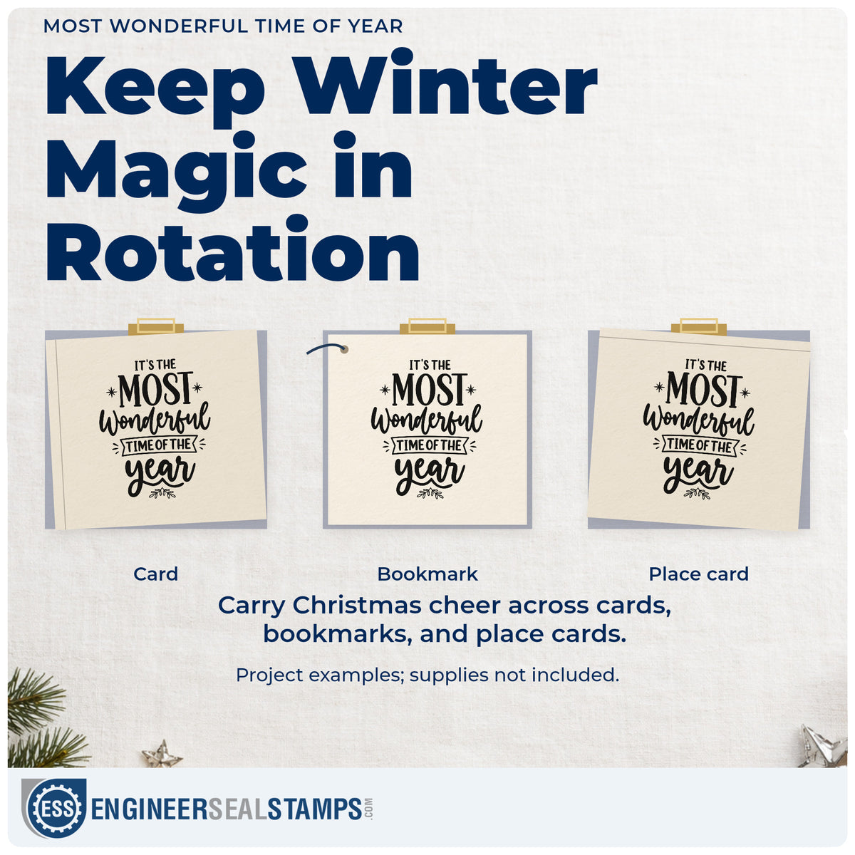 Three project examples made with the It's The Most Wonderful Time Of The Year With Stars Hand Stamp – Duo, including form field sheet.