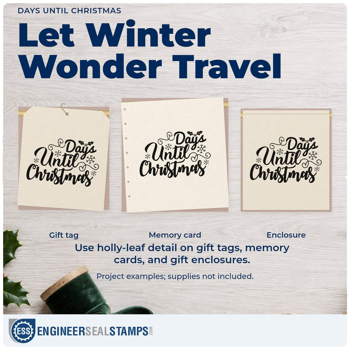 Three project examples made with the Days Until Christmas Pre-Inked Stamp – Slim, including blank count sheet.