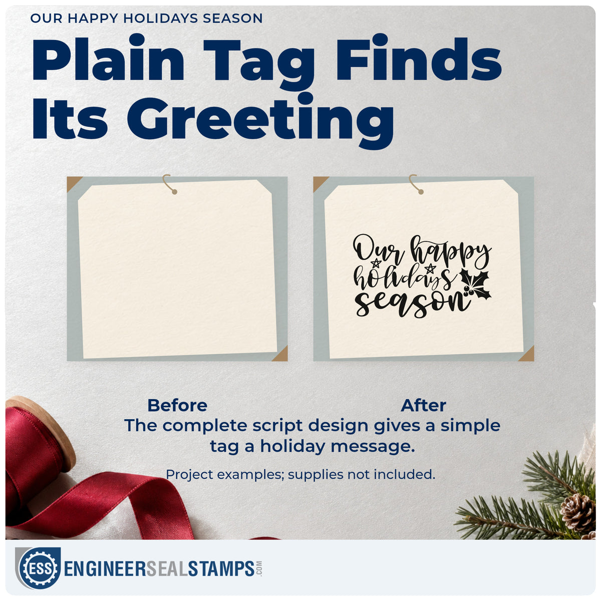Before and after of a plain item finished with the Our Happy Holidays Season Holly Slim Pre-Inked Stamp, a quick upgrade for framed family room.