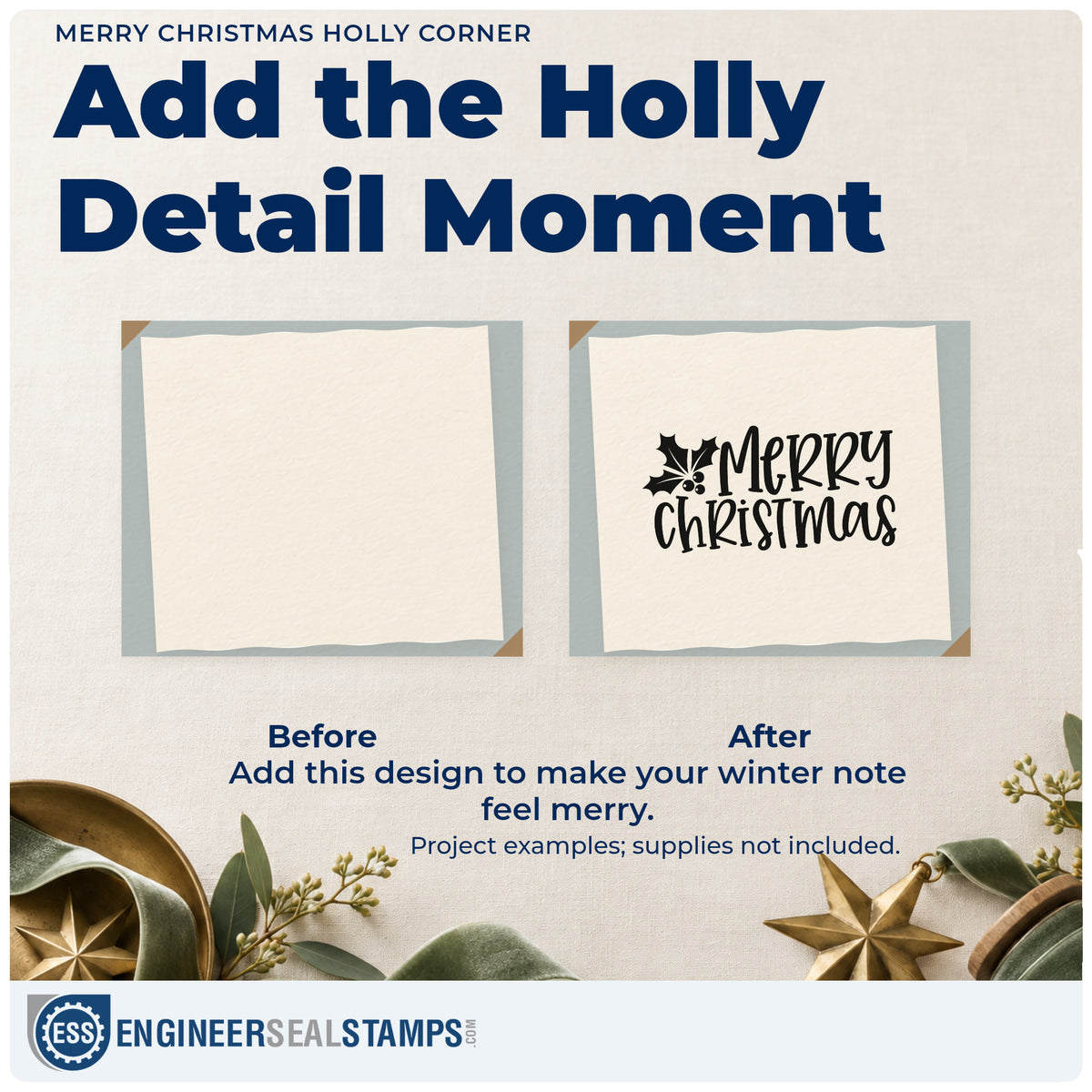 Before and after of a plain item finished with the Merry Christmas Holly Corner Hand Stamp – Duo, a quick upgrade for framed off center.