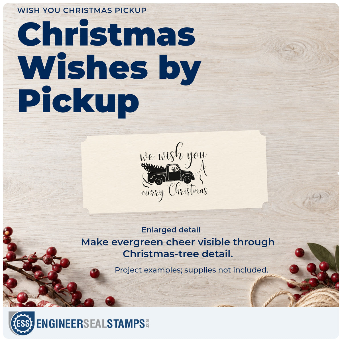 Enlarged detail of the Wish You Christmas Pickup Tree Motif Self-Inking Stamp imprint. “We Wish You a Merry Christmas” surrounds a vintage pickup carrying a Christmas tree.