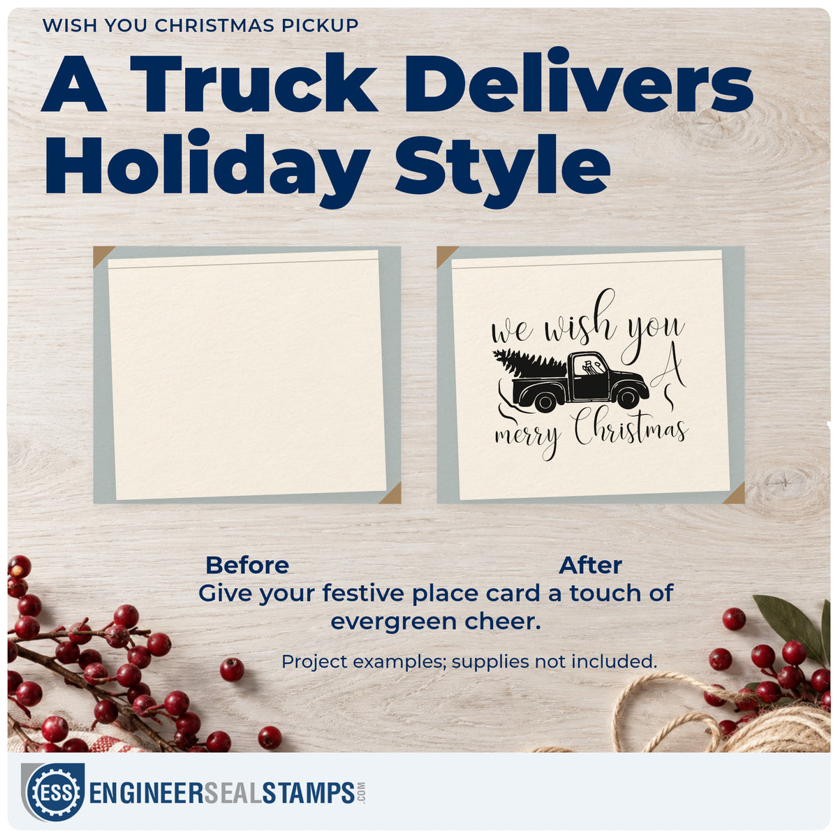 Before and after of a plain item finished with the Wish You Christmas Pickup Tree Motif Rubber Stamp – Duo Hand, a quick upgrade for framed garage bay.