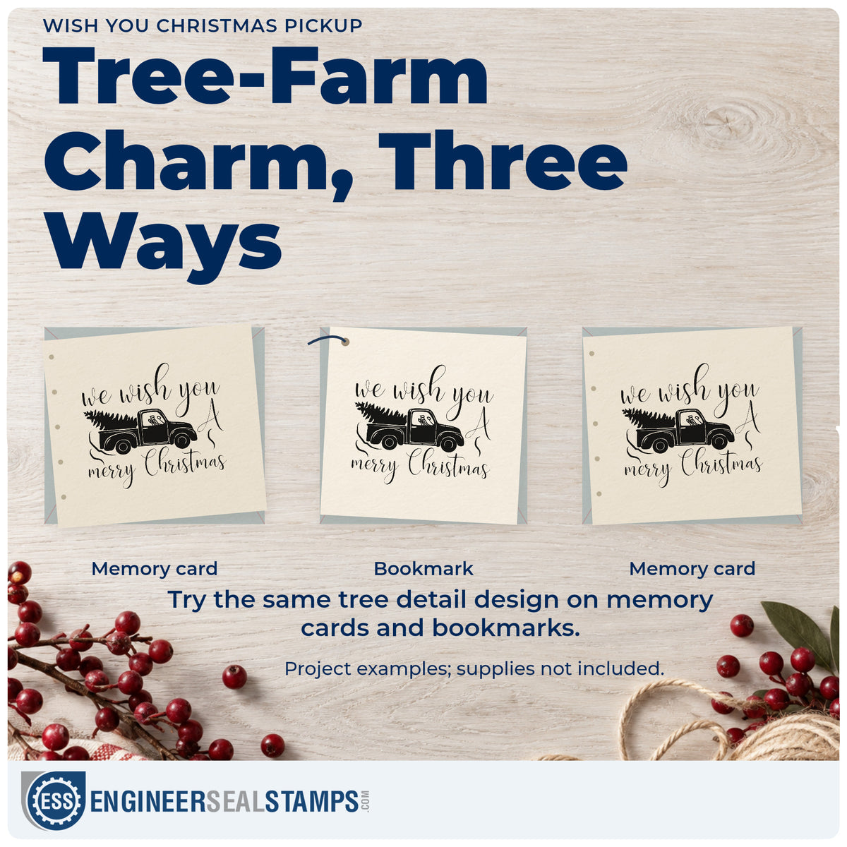 Three project examples made with the Wish You Christmas Pickup Tree Motif Rubber Stamp – Duo Hand, including build log sheet.