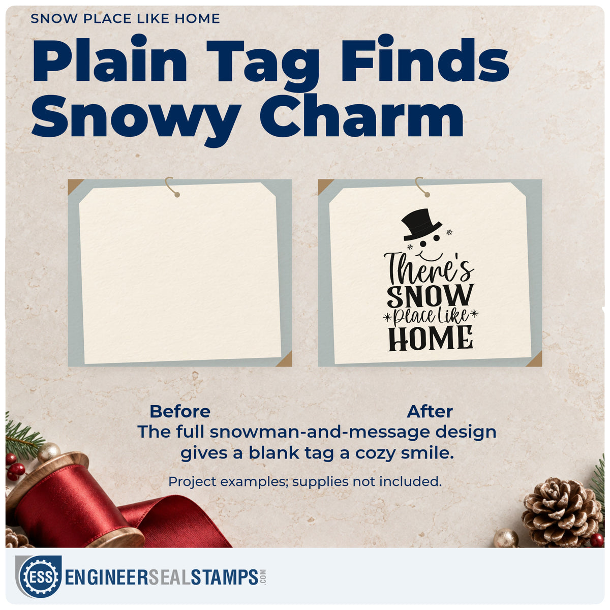 Before and after of a plain item finished with the Snow Place Like Home Self-Inking Stamp, a quick upgrade for framed entry hook.