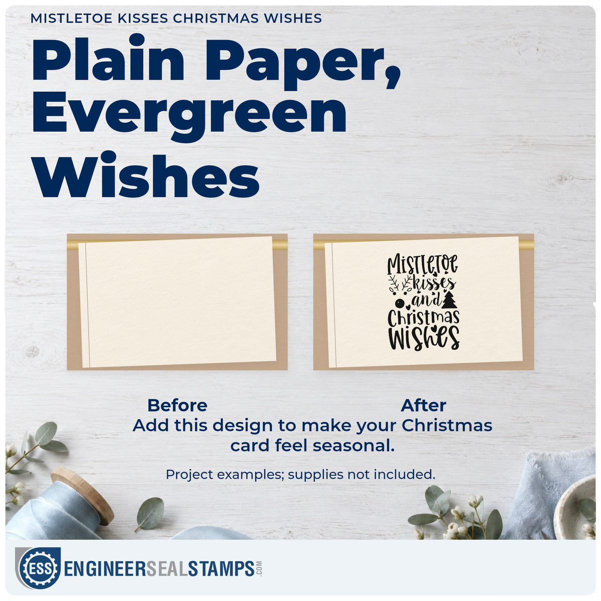 Before and after of a plain item finished with the PSI Pre-Inked Mistletoe Kisses And Christmas Wishes Stamp, a quick upgrade for aisle runner printing.