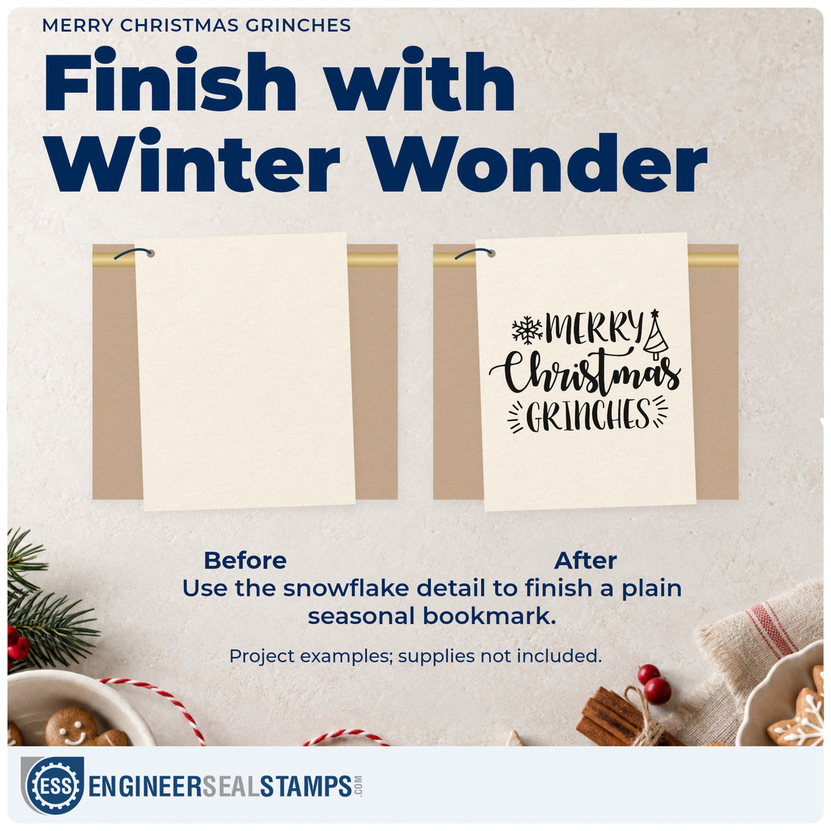 Before and after of a plain item finished with the Merry Christmas Grinches Snowflakes Premium Wooden Stamp – Vintage Pro, a quick upgrade for framed basement den.