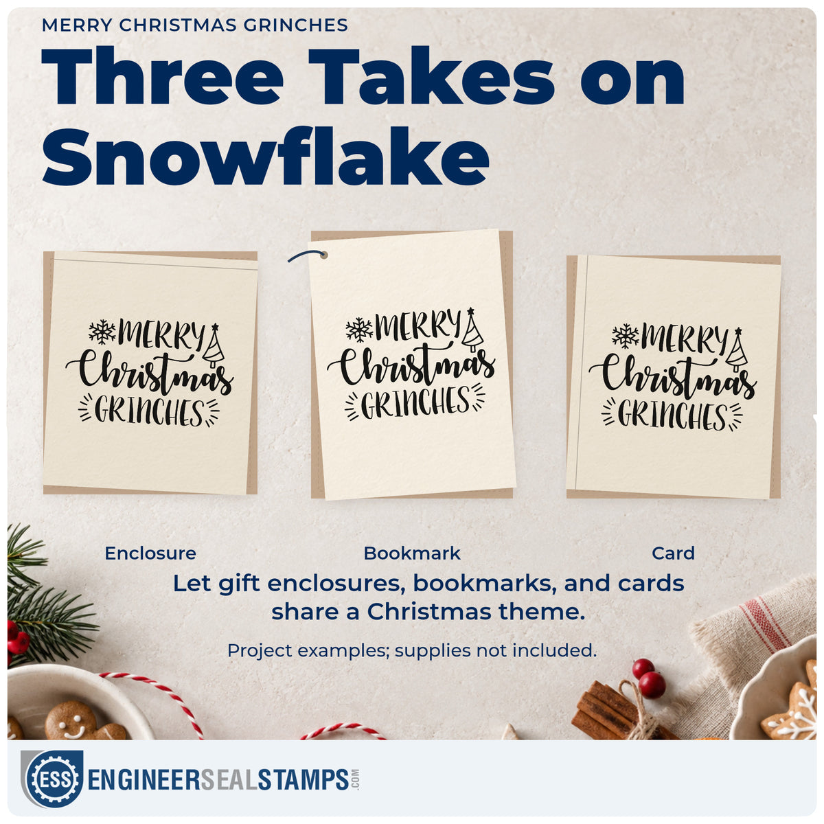 Three project examples made with the Merry Christmas Grinches Snowflakes Premium Wooden Stamp – Vintage Pro, including excuse bingo sheet.