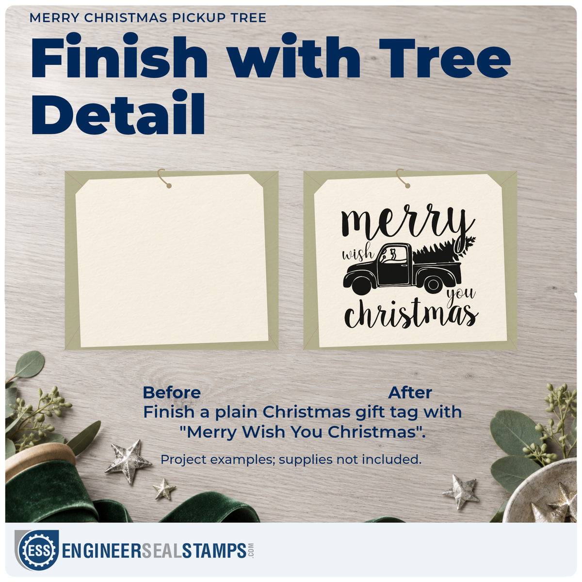 Before and after of a plain item finished with the Duo Hand Merry Christmas Pickup Tree Pine Motif Rubber Stamp, a quick upgrade for framed office trailer.