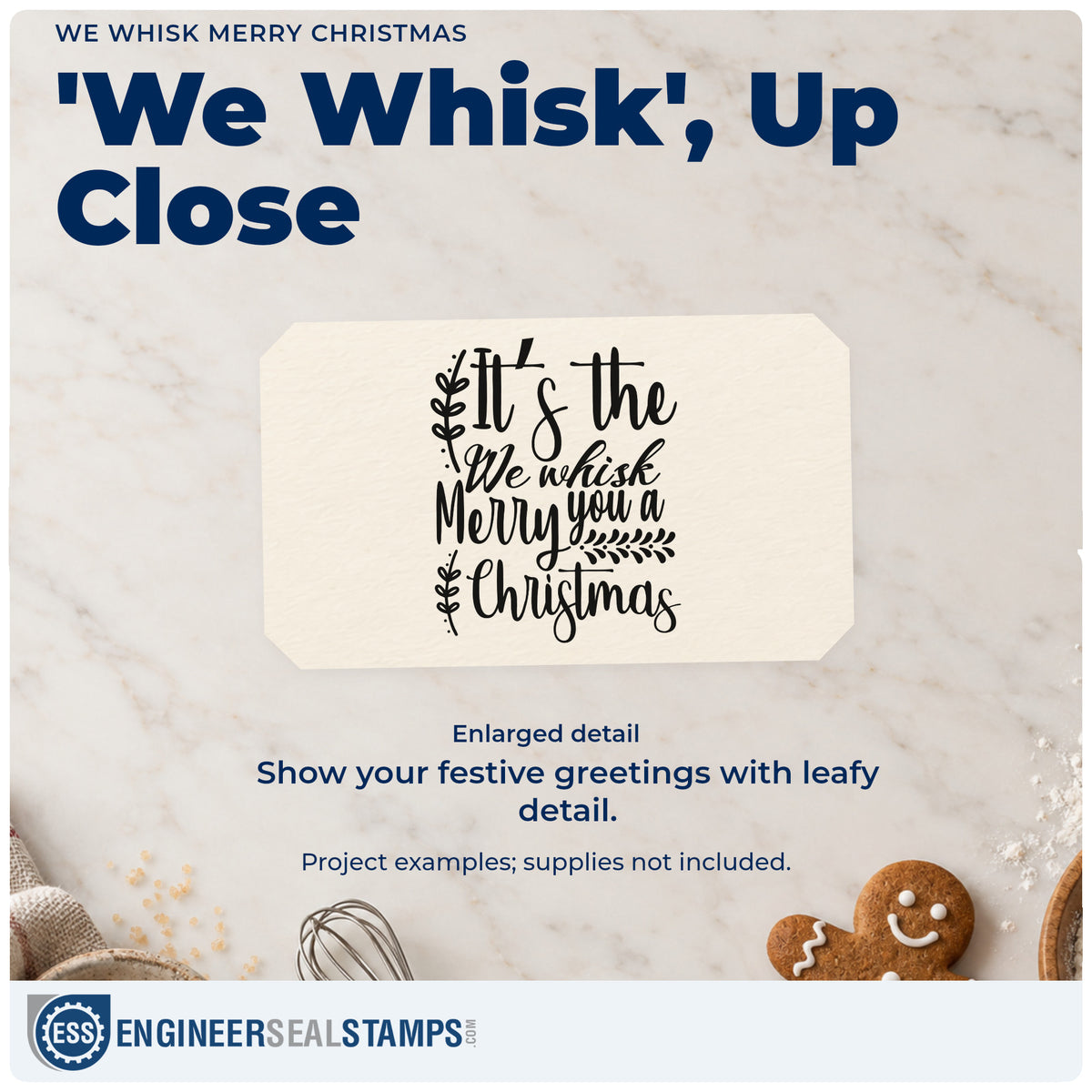 Enlarged detail of the We Whisk Merry Christmas Botanical Sprig Wood-Mounted Rubber Stamp imprint. Stacked wording includes “It's the,” “We Whisk,” “Merry You a,” and “Christmas” with leafy sprigs.