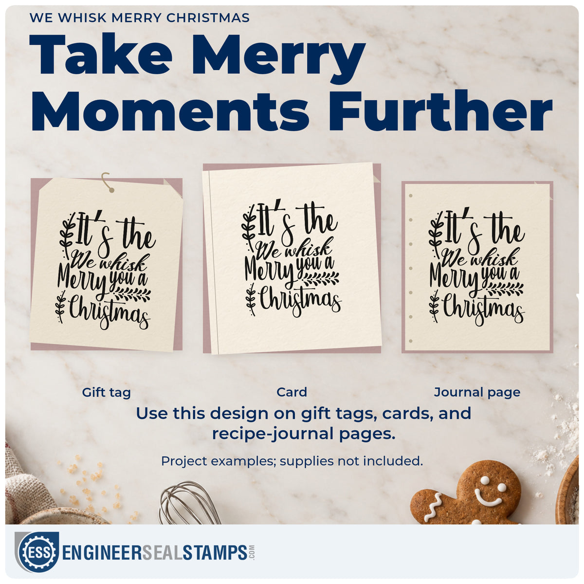 Three project examples made with the We Whisk Merry Christmas Botanical Sprig Premium Wooden Stamp – Vintage Pro, including batch order sheet.