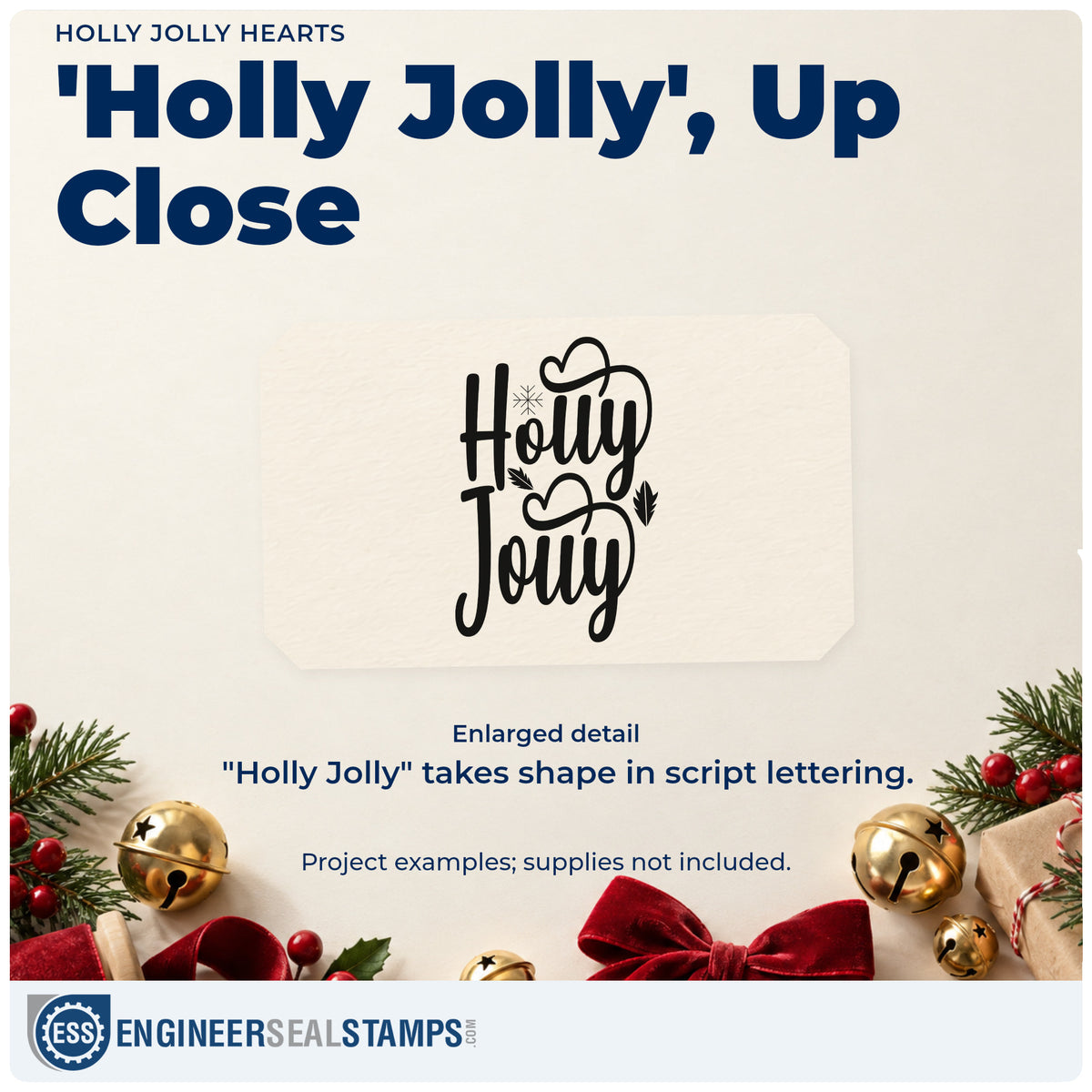 Enlarged detail of the Holly Jolly Hearts PSI Pre-Inked Stamp imprint. “Holly Jolly” appears in tall script with outlined hearts and small leaf accents.