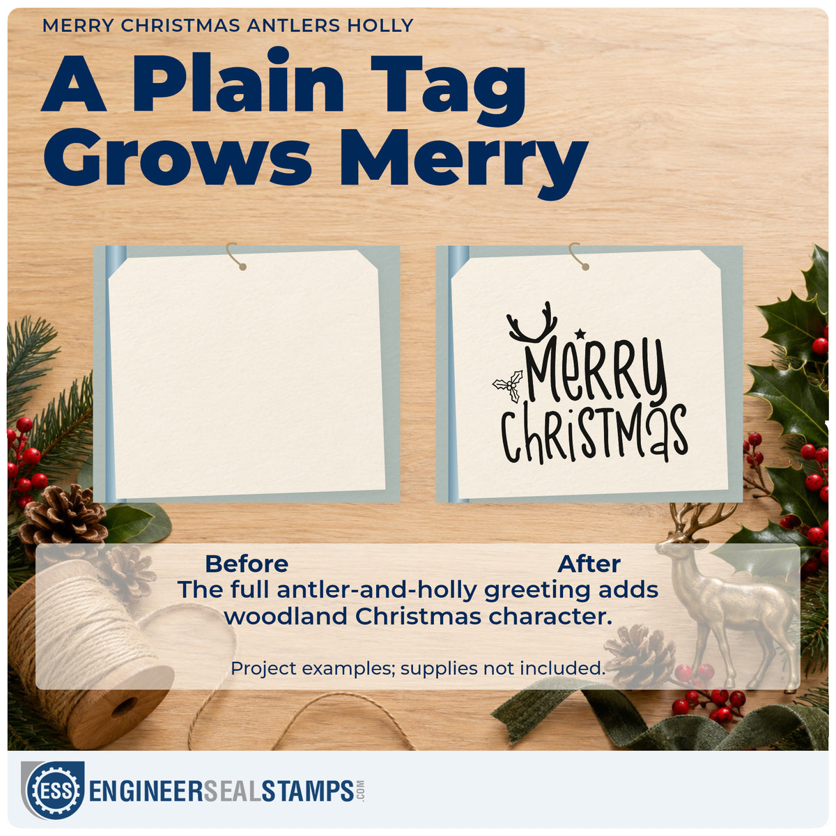 Before and after of a plain item finished with the Merry Christmas Antlers Holly With Stars Rubber Stamp – Duo Hand, a quick upgrade for framed small shelf.