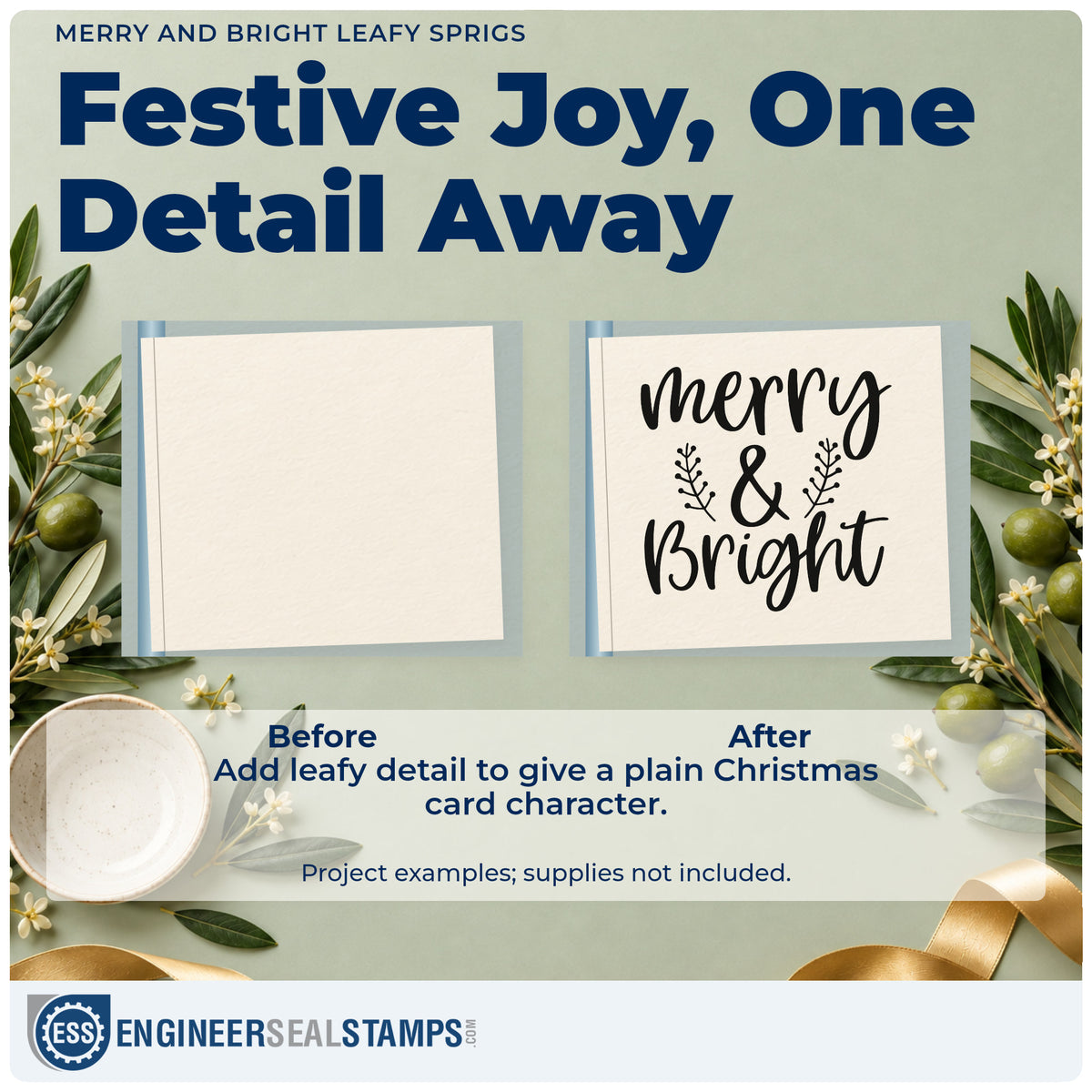 Before and after of a plain item finished with the Merry And Bright Leafy Sprigs Craft Stamp – Self-Inking, a quick upgrade for framed matched duo.