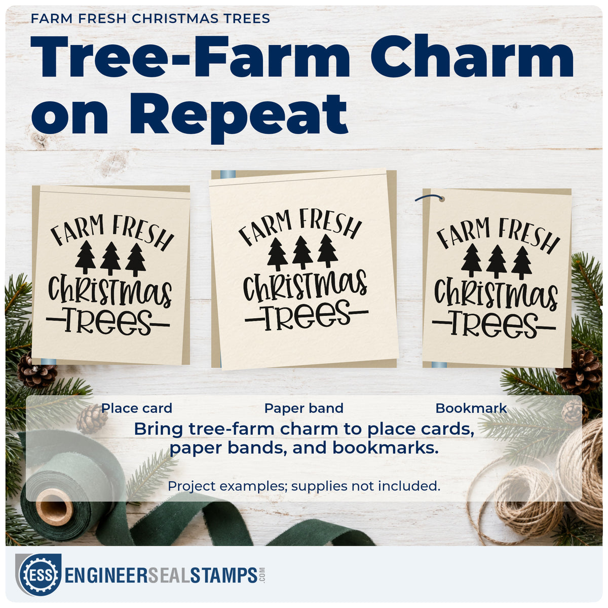 Three project examples made with the Farm Fresh Christmas Trees Pine Trio Slim Pre-Inked Stamp, including invoice header sheet.