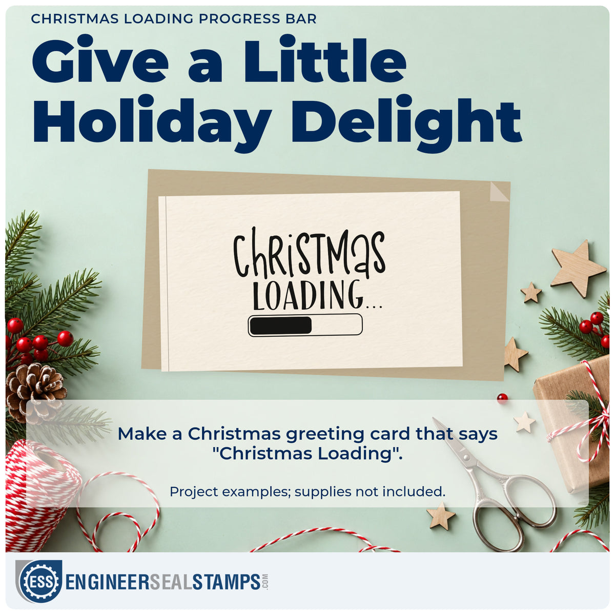 A finished handmade project stamped with the Christmas Loading Progress Bar Wood-Mounted Rubber Stamp, ideal for project album page.