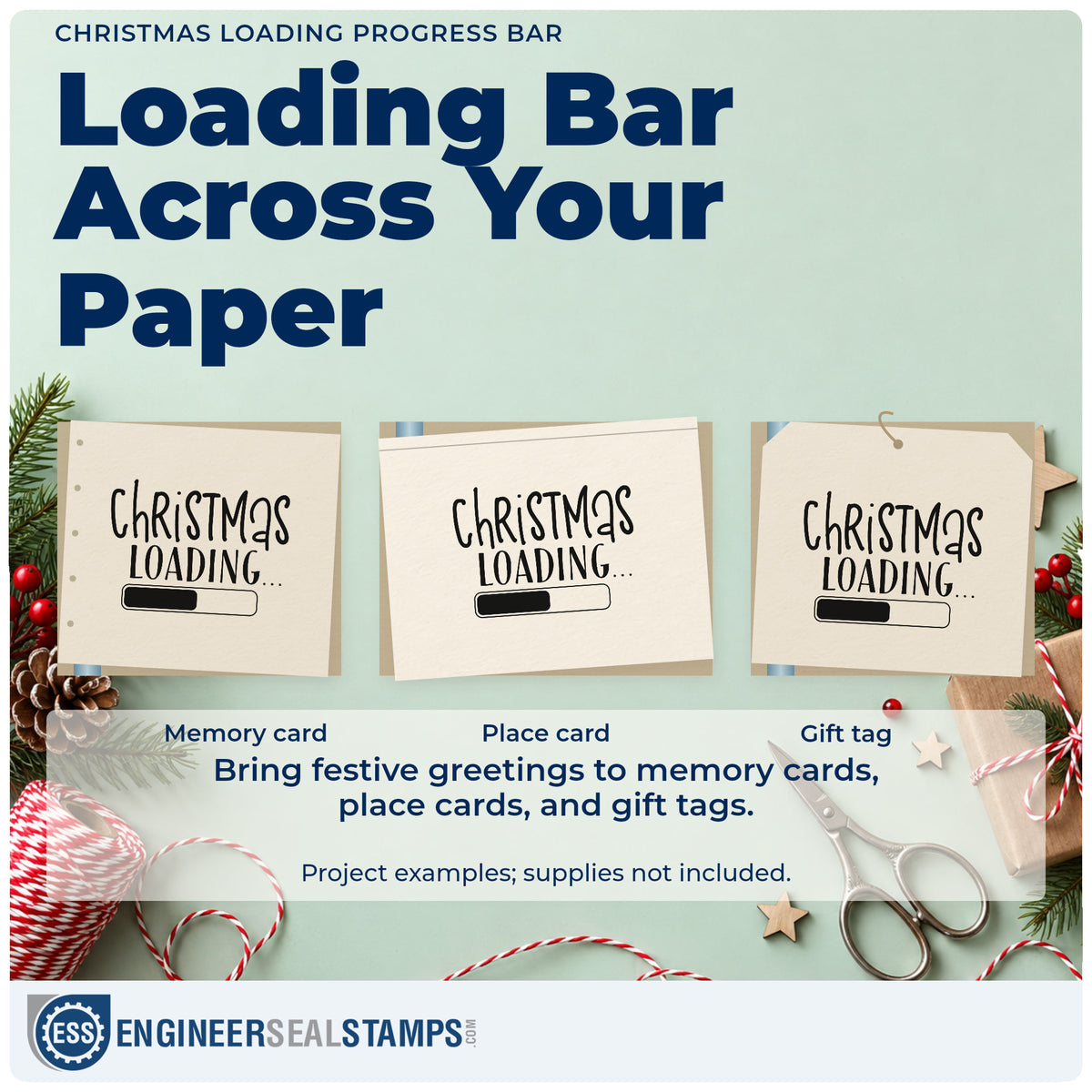 Three project examples made with the Christmas Loading Progress Bar Hand Stamp – Duo, including percent done sheet.