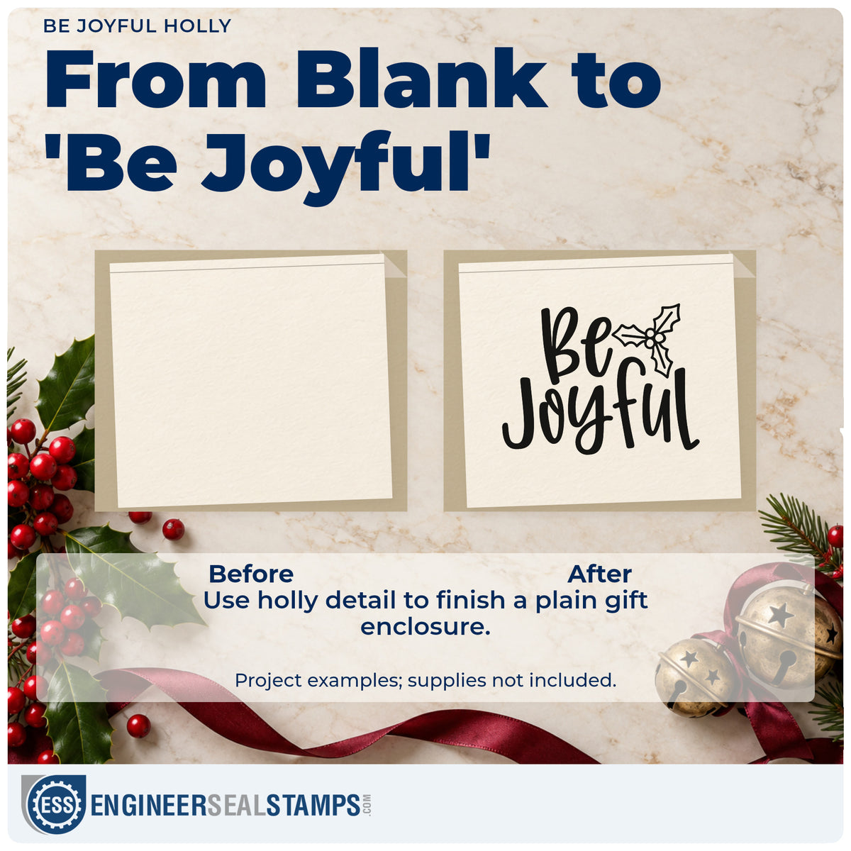 Before and after of a plain item finished with the Be Joyful Holly PSI Pre-Inked Stamp, a quick upgrade for framed desk card.