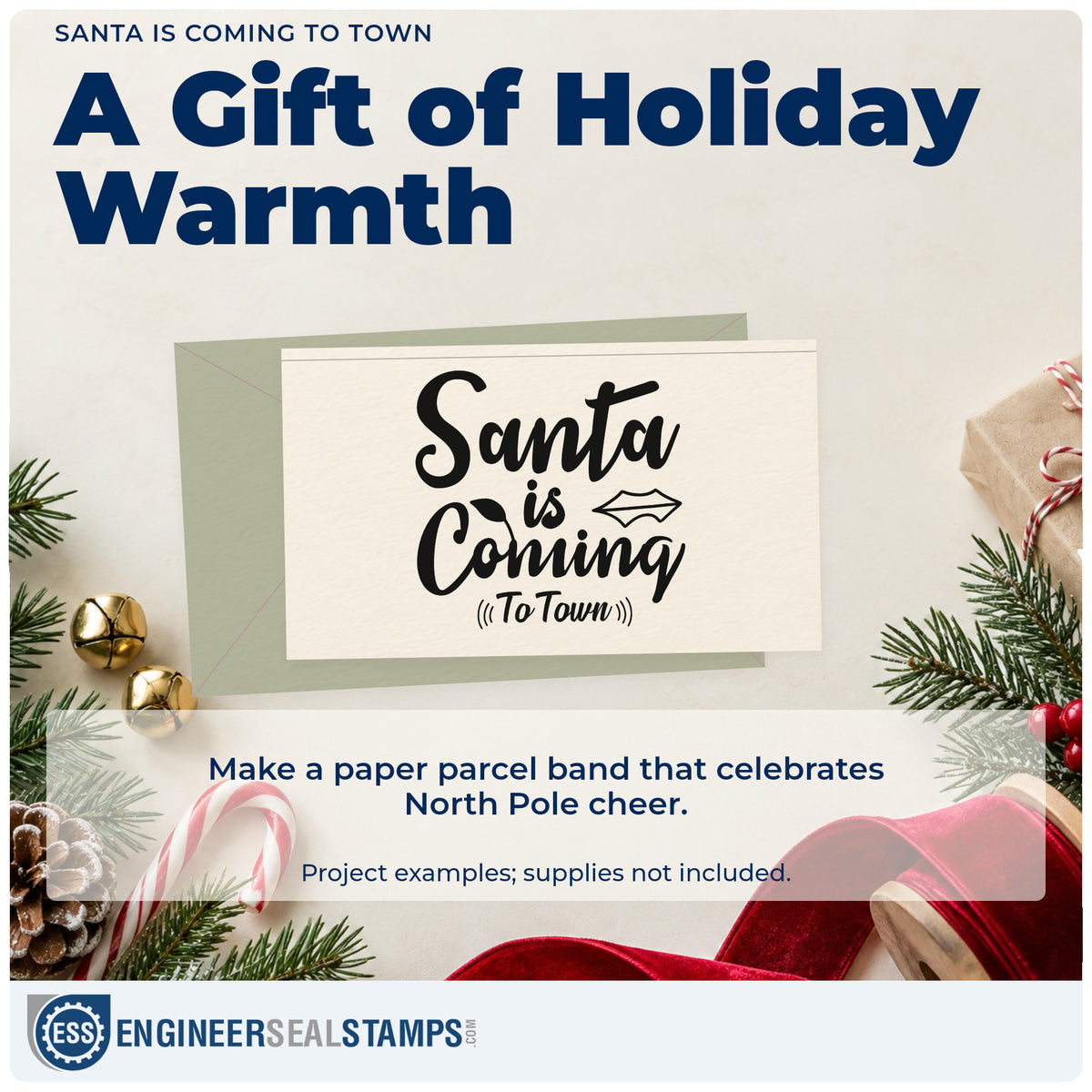 A finished handmade project stamped with the Santa Is Coming (To Town) Brush Lettering Pre-Inked Stamp – PSI, ideal for aside album page.
