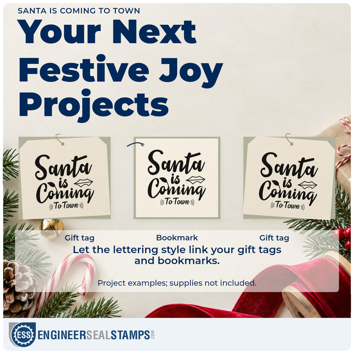 Three project examples made with the Santa Is Coming (To Town) Brush Lettering Wood Handle Stamp, including footnote log sheet.