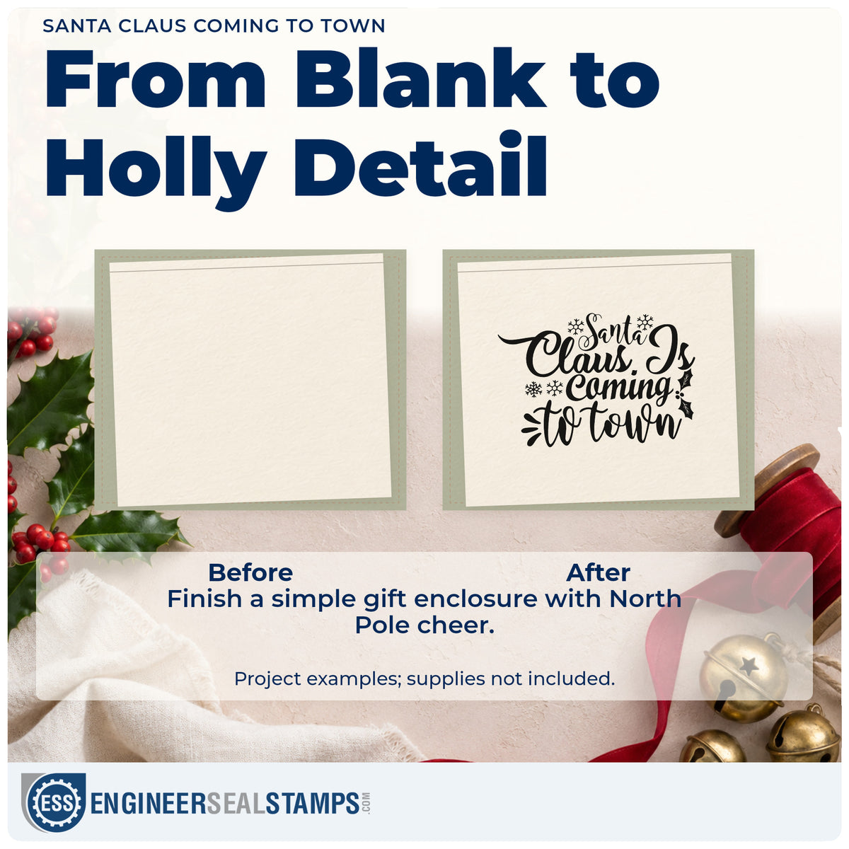 Before and after of a plain item finished with the Santa Claus Is Coming To Town Premium Wooden Stamp – Vintage Pro, a quick upgrade for framed town hall.