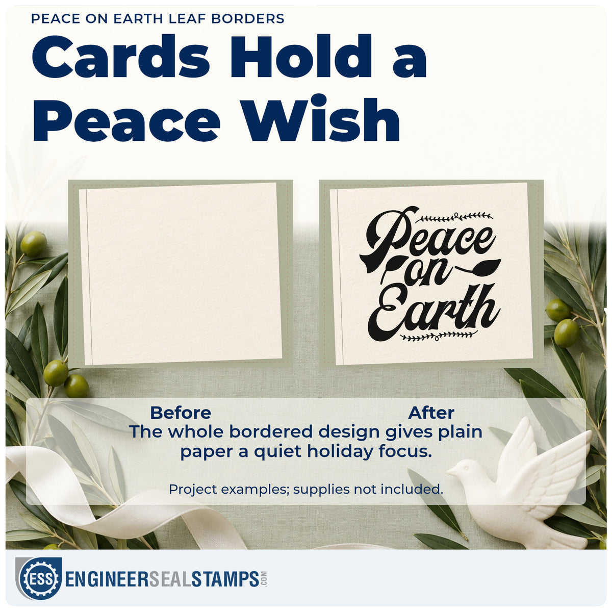 Before and after of a plain item finished with the Peace On Earth Leaf Borders Stamp – Wood Handle, a quick upgrade for framed double mat.