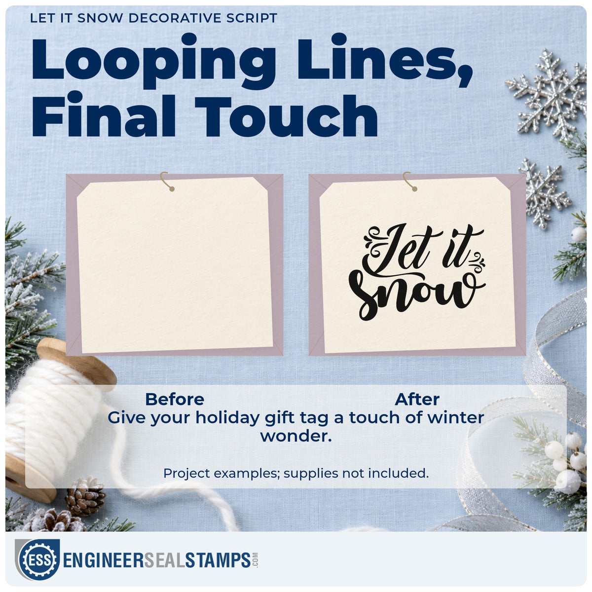 Before and after of a plain item finished with the Let It Snow Decorative Script Lettering Rubber Stamp – Wood Handle, a quick upgrade for framed mirror duo.