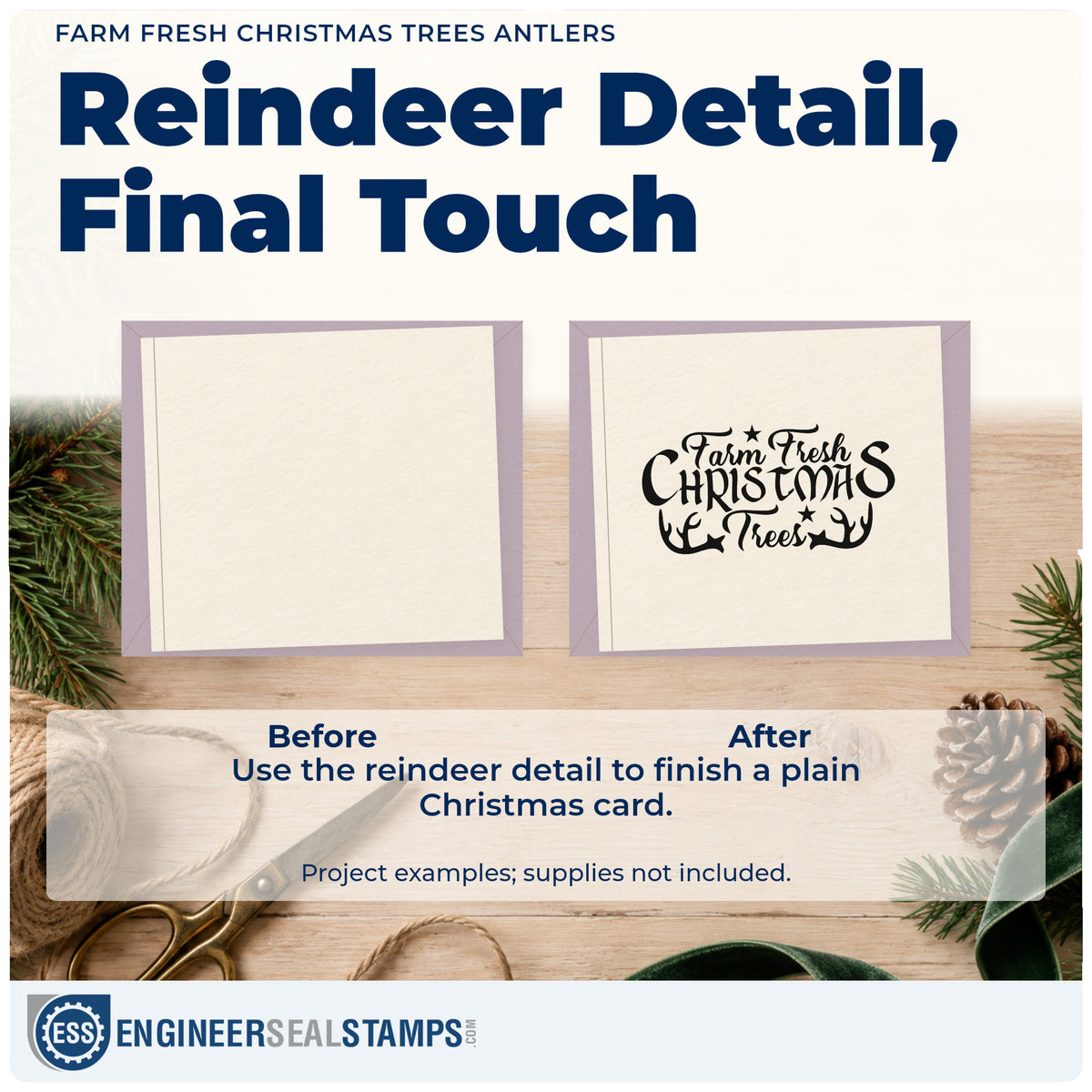 Before and after of a plain item finished with the Farm Fresh Christmas Trees Antlers Rubber Stamp – Duo Hand, a quick upgrade for framed bunkhouse wall.